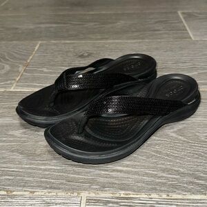 Crocs Dual Comfort Black Capri V Glitter Flip Flop Sandals Lightweight Womens W6